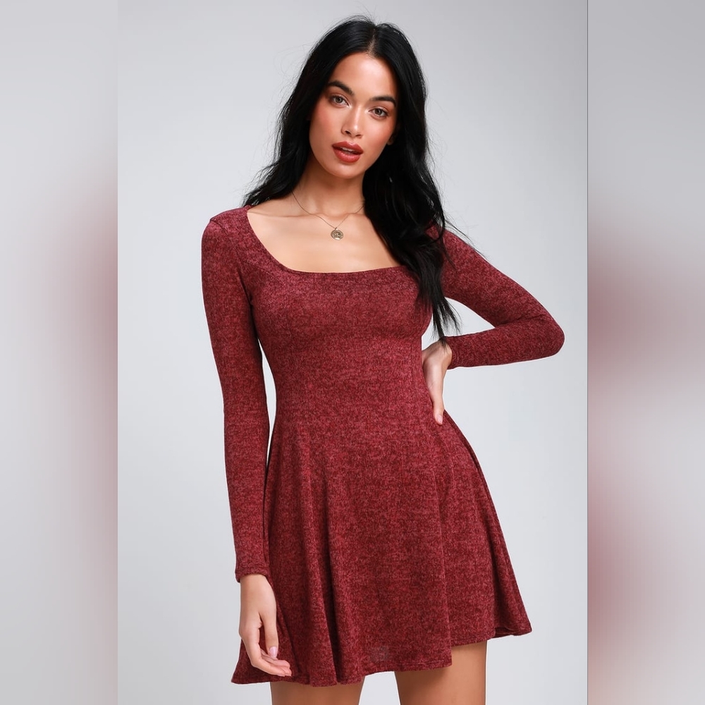 Lulu's Stetson Heather Burgundy Long Sleeve Skater Dress